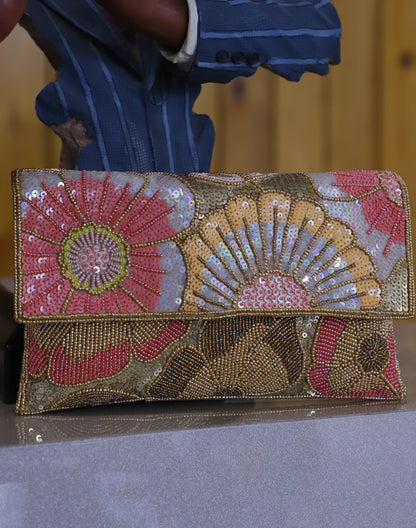 Beige Multi Sequin Envelope Clutch