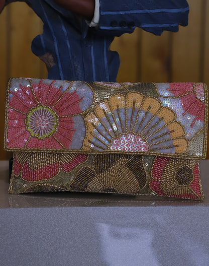 Beige Multi Sequin Envelope Clutch